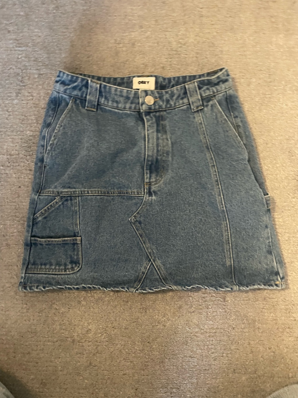 Obey Blue Denim Mini Skirt with Patch Pocket Detail